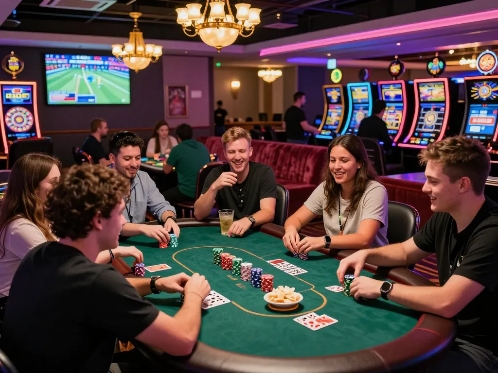 A lively gaming atmosphere showcasing friends celebrating at the trang chủ jun88 poker table in a vibrant casino setting.