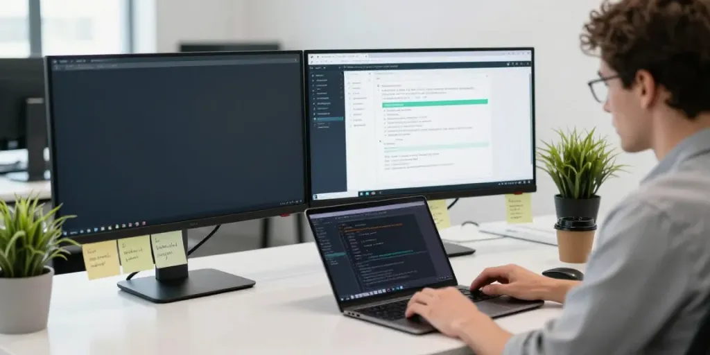 Instant indexing analysis on dual monitors in a modern tech workspace.