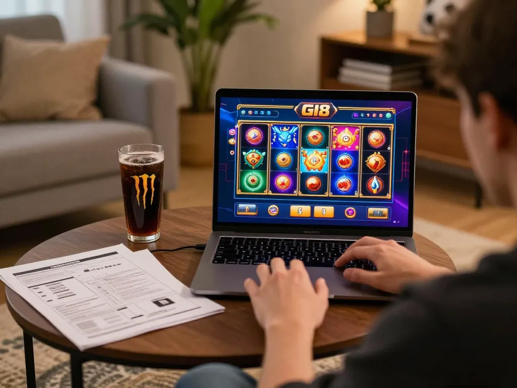 Engaging with GI8 online slots, this player showcases excitement while gaming at home.