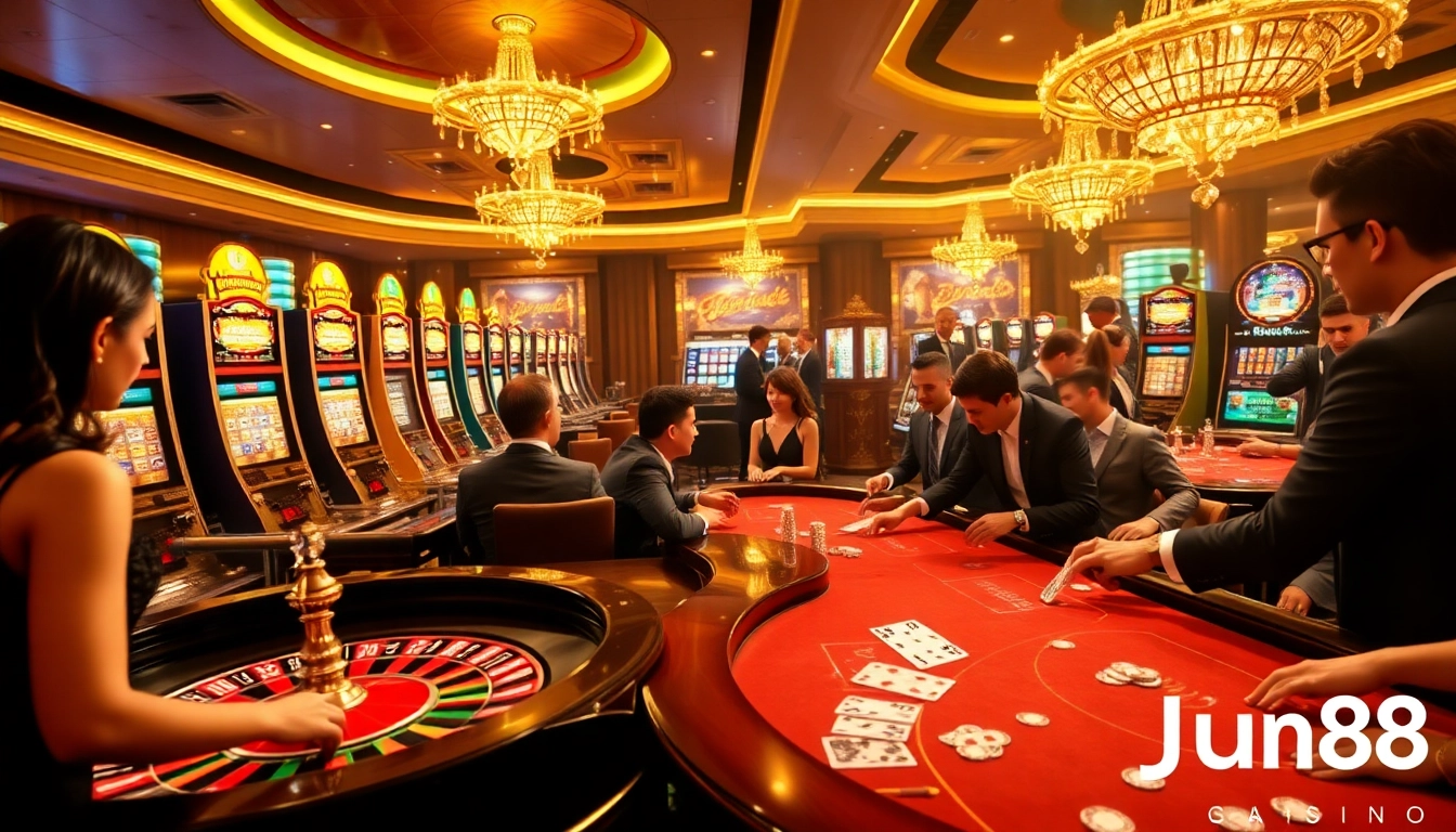 Players enjoy an exhilarating game at Jun88 casino, showcasing excitement and luxury in gambling.