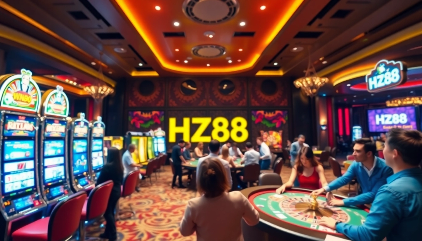 Engaging players enjoying HZ88 slot machines and poker in a luxurious casino.