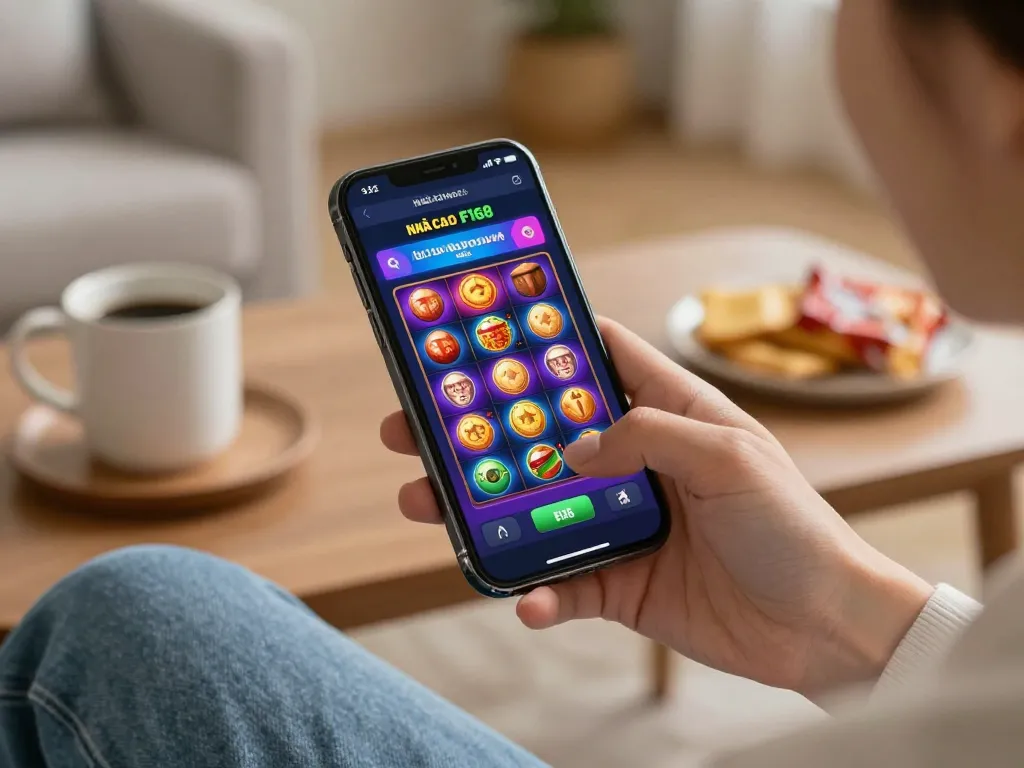 Engaging gameplay on mobile app nhà cái F168, user enjoying slot games in a cozy home setting.