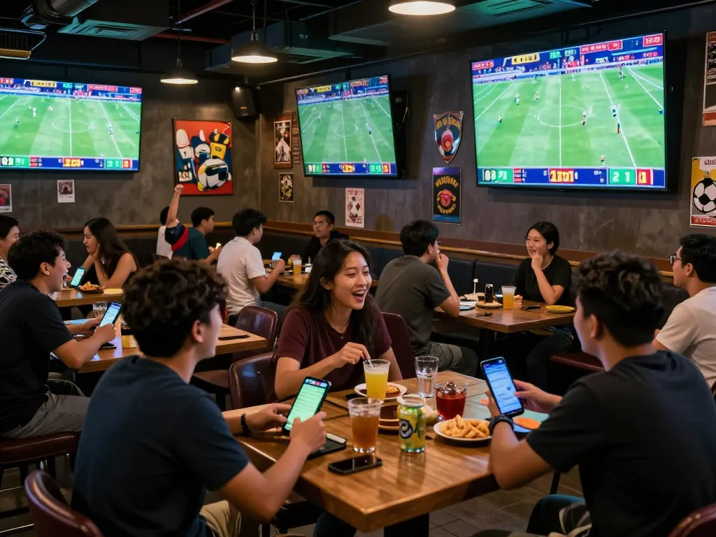 Fans engaging in sports betting at a lively bar, experiencing the excitement of keonhacaii88 live matches