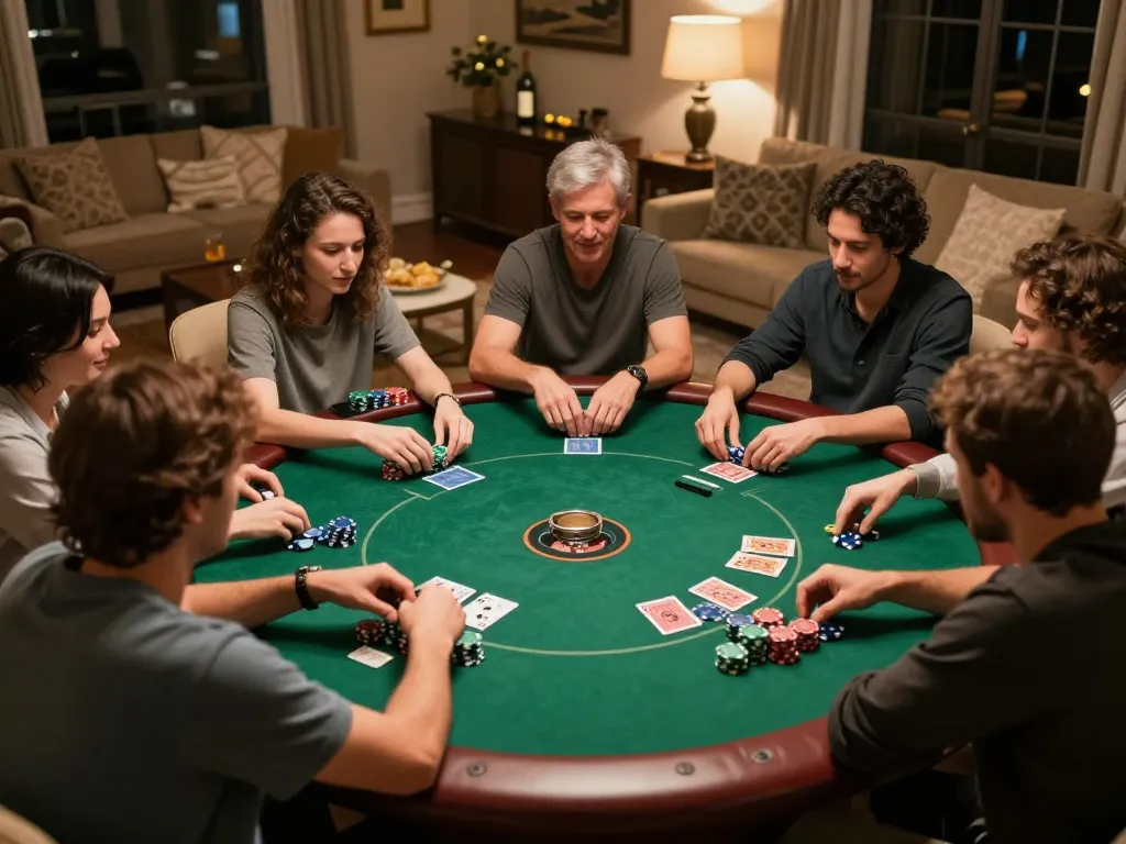 Players engage in an exciting home poker game on WALA88 amidst a cozy setting, showcasing strategic plays and camaraderie.