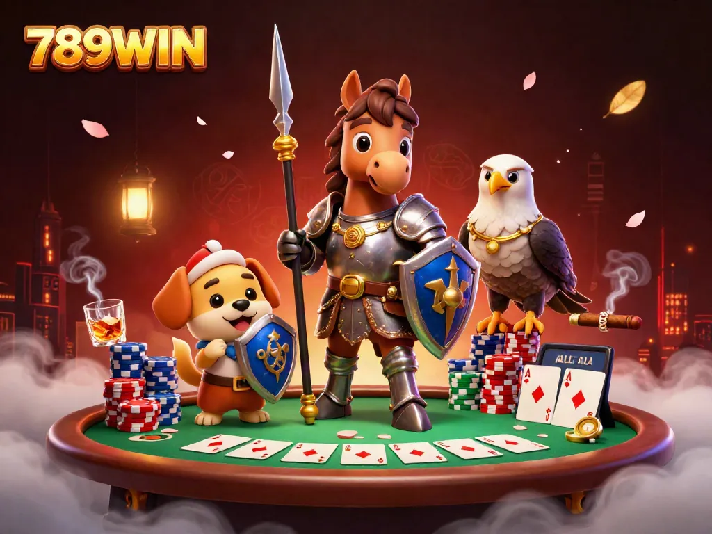 Experience thrilling gaming action at 789WIN with a vibrant 3D illustration of a knight, squire, and falcon celebrating poker.