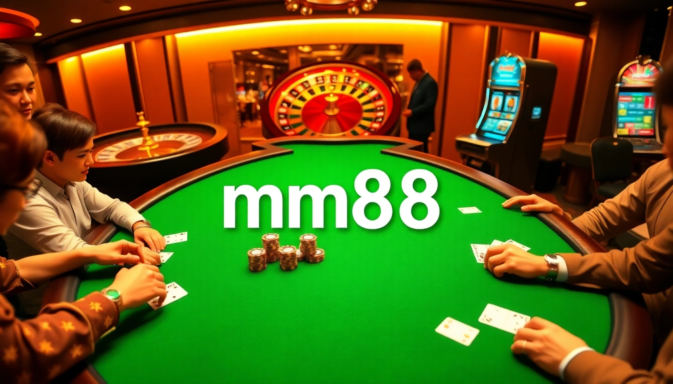 Experience high-stakes poker action at mm88 casino with vibrant chips and intense gameplay.