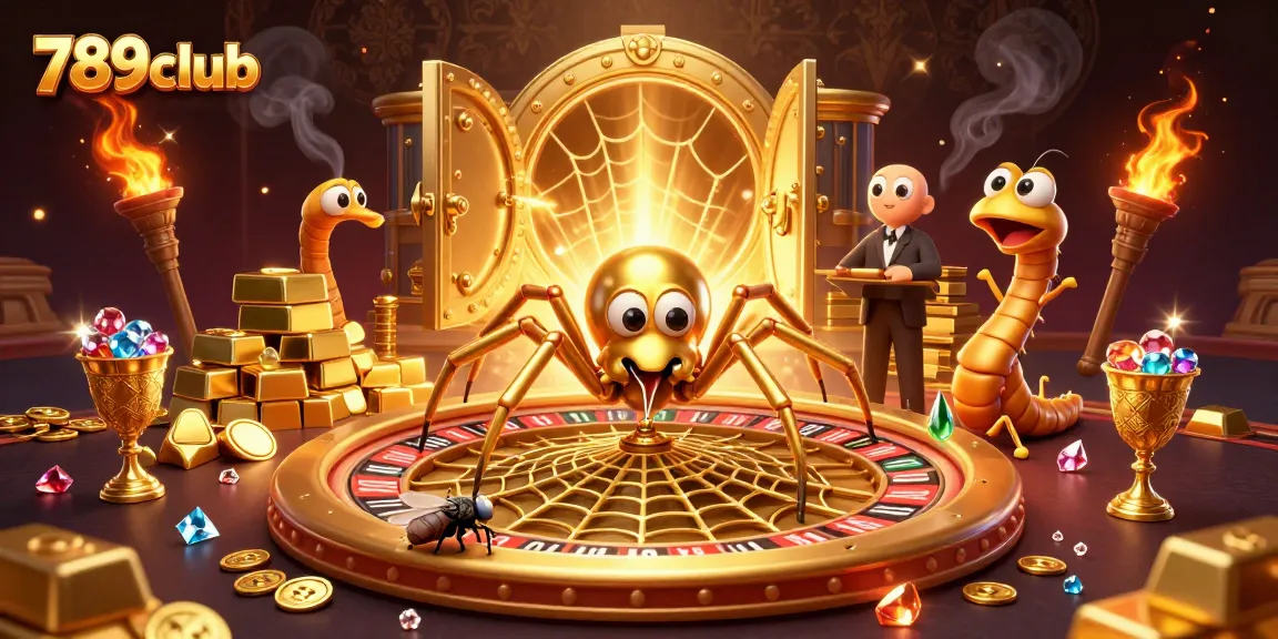 Engage with 789club as the golden spider spins a roulette wheel web in a dazzling casino scene.