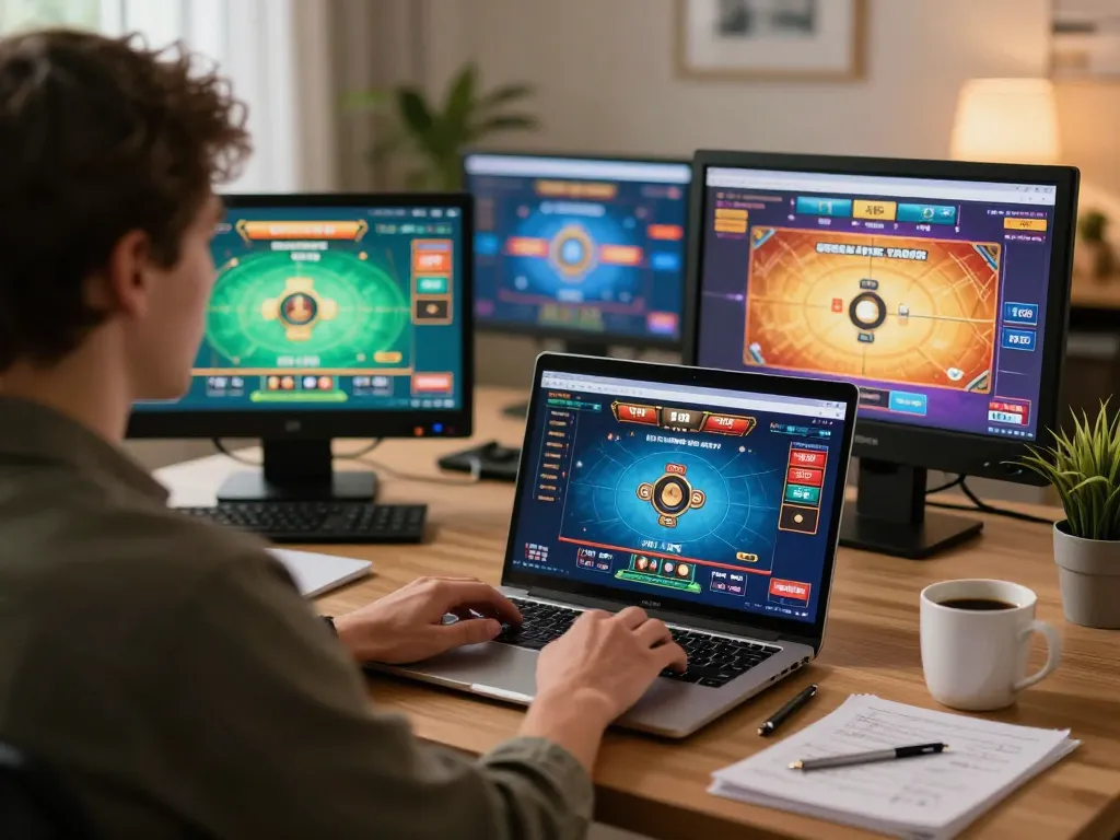 Engaging in online gaming at https://mm88vin.com/, a player utilizes a laptop in a cozy space focused on poker strategy.