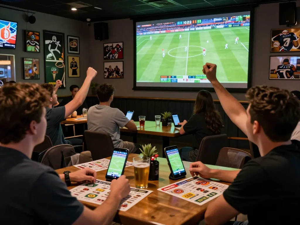 Kết quả bóng đá displayed on mobile devices at a lively sports bar, enhancing the thrilling betting experience