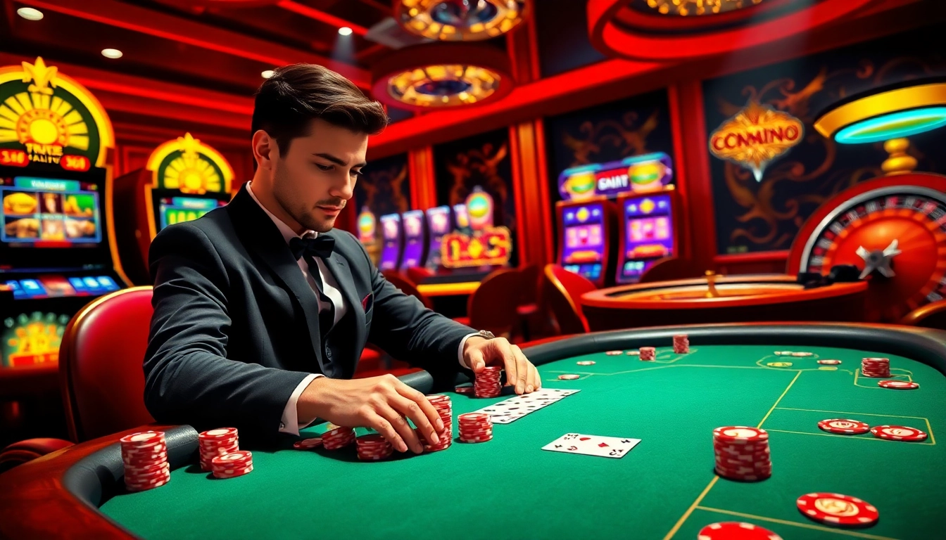Gambler playing poker at a luxurious table in 789club casino, highlighting excitement and strategic gameplay.