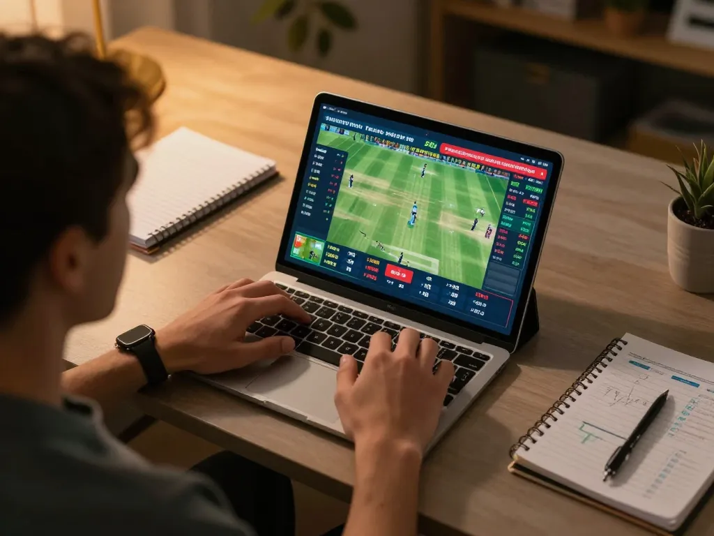 Engaging in live sports betting on tablet with KKBD, focusing on real-time cricket match statistics.