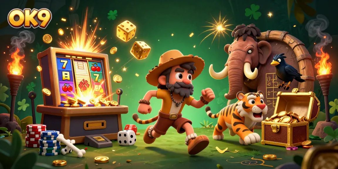 Engage in thrilling slot action at OK9's prehistoric casino with a vibrant jackpot celebration.
