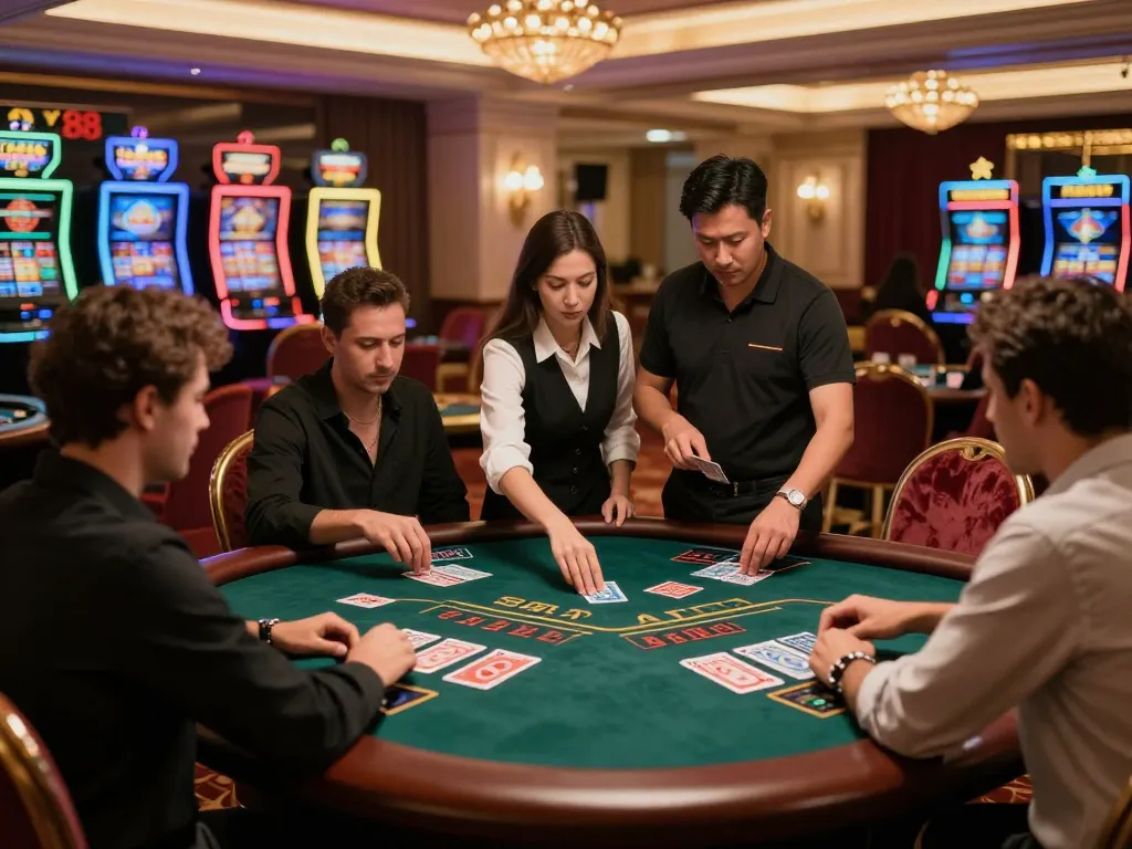 Engaged players strategizing at Fly88 Casino's elegant blackjack table during an exciting game.