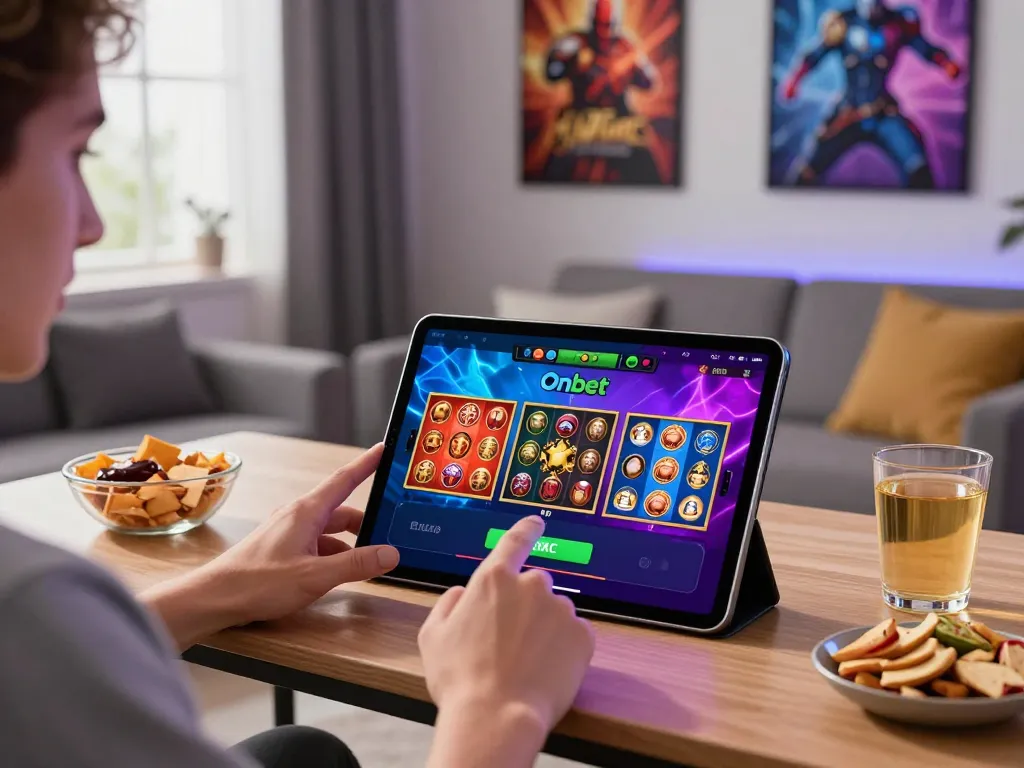 Engaged player enjoying Onbet app with vibrant gaming graphics, cozy setup, and energetic atmosphere.