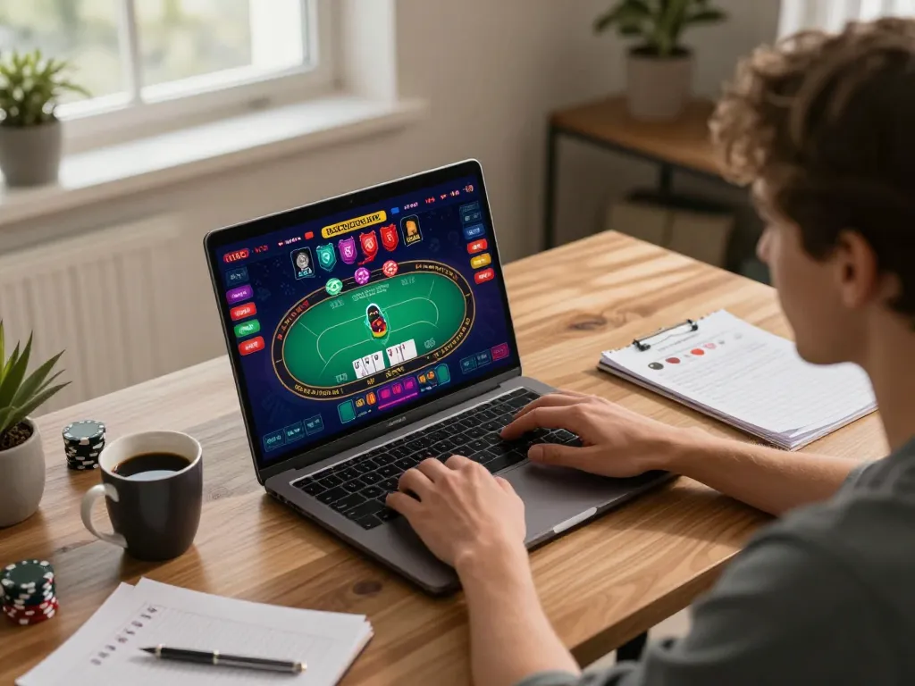 C168 Official engages players in an immersive online poker game atmosphere on a sleek laptop.