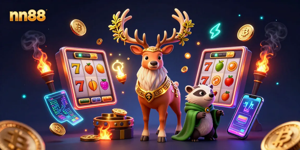 Engage with nn88 in an immersive 3D casino scene filled with jackpot symbols and crypto elements.
