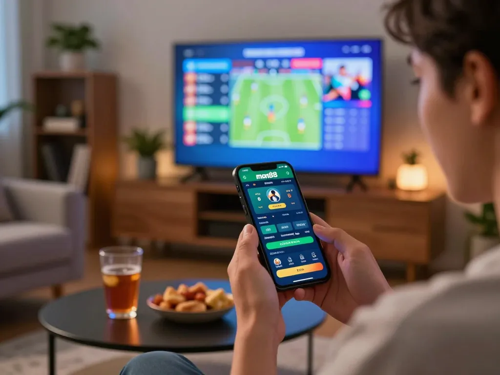 Engaging online sports betting with man88 app on smartphone amidst a cozy home environment.