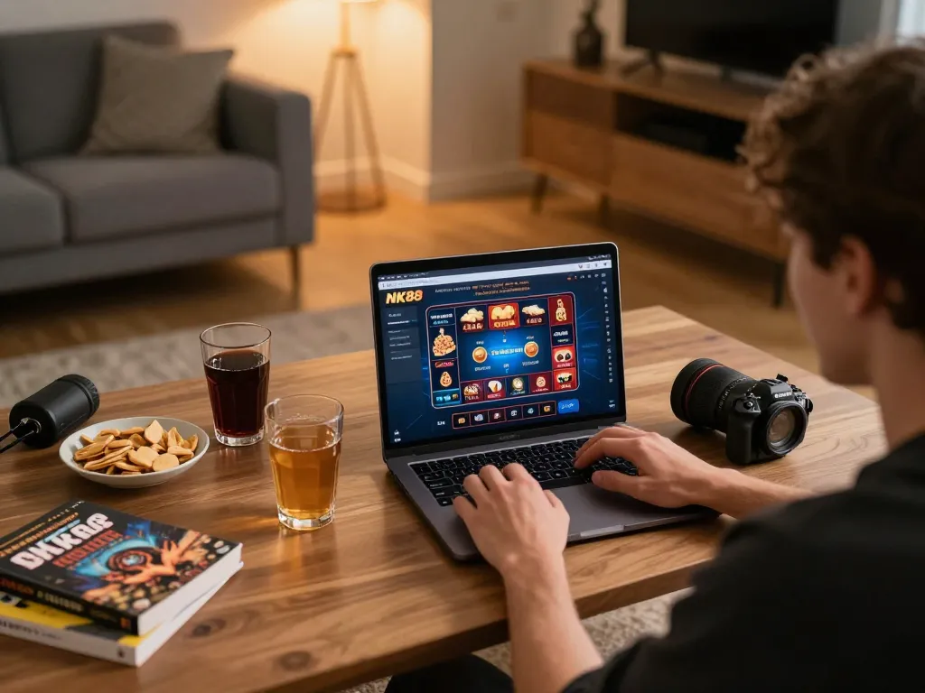 Player engaging with NK88's online casino on a laptop in a cozy home setup