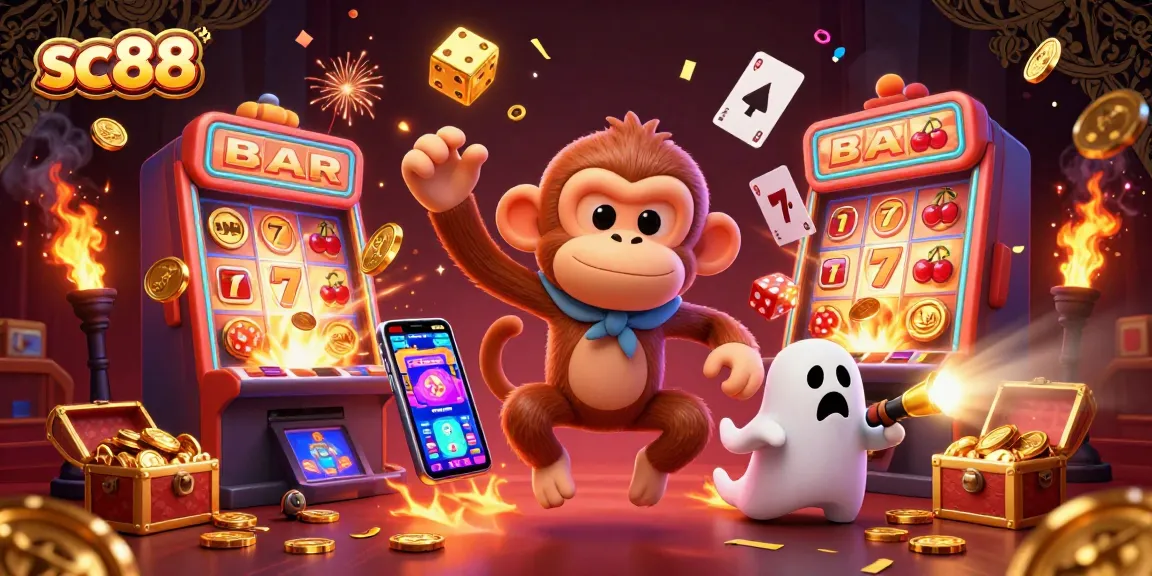 Engaging sc88 casino scene showcasing a mischievous monkey juggling winning elements like coins and cards.