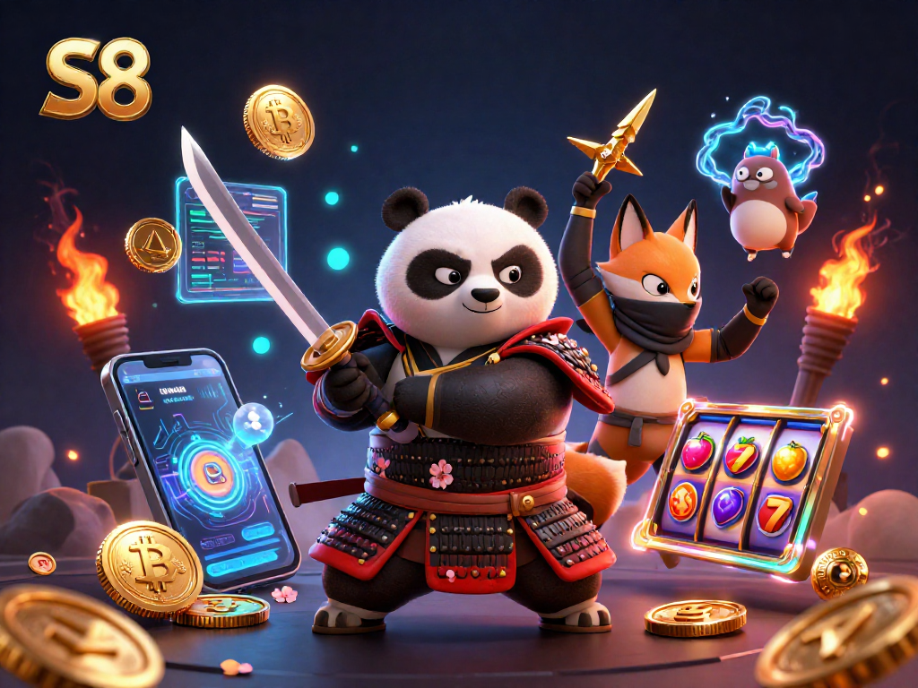 S8 showcases an epic battle between samurai panda and ninja fox, infused with cryptocurrency elements.
