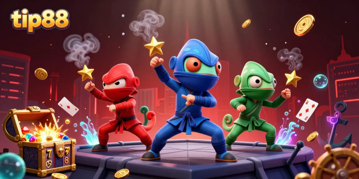 Engage in thrilling gameplay with tip88’s vibrant 3D casino scene filled with dynamic elements and synchronized ninja chameleons.