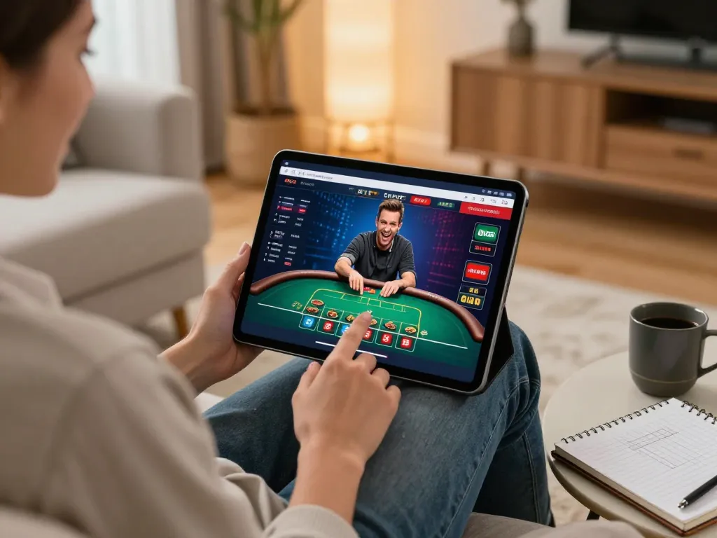 Person engaging with fly88 online casino app on tablet, showcasing a thrilling gaming moment in a cozy living room.