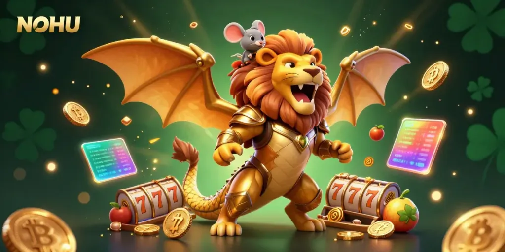 Try your luck at NOHU with golden chimera and exciting jackpot elements in a vibrant casino scene.