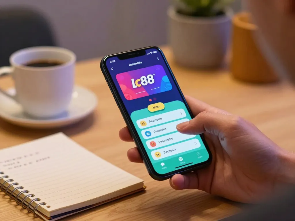 Player engaging with Lc88 mobile app in a cozy home setting, showcasing online gambling.