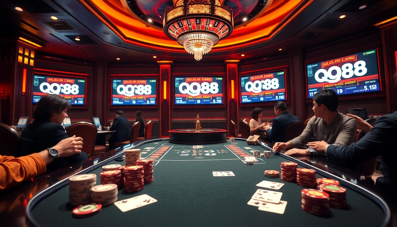 Players enjoying high-stakes poker at QQ88 casino table in a luxurious setting.