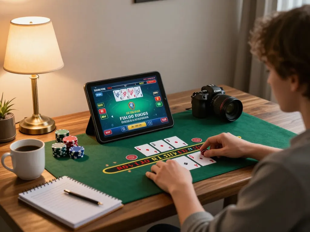 Engaging in online blackjack gameplay with XX88 app on tablet in cozy home setting