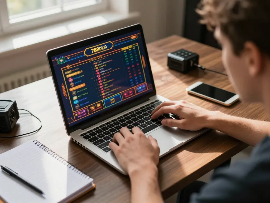 Engaged player exploring 789club online games with gaming accessories on a stylish desk.