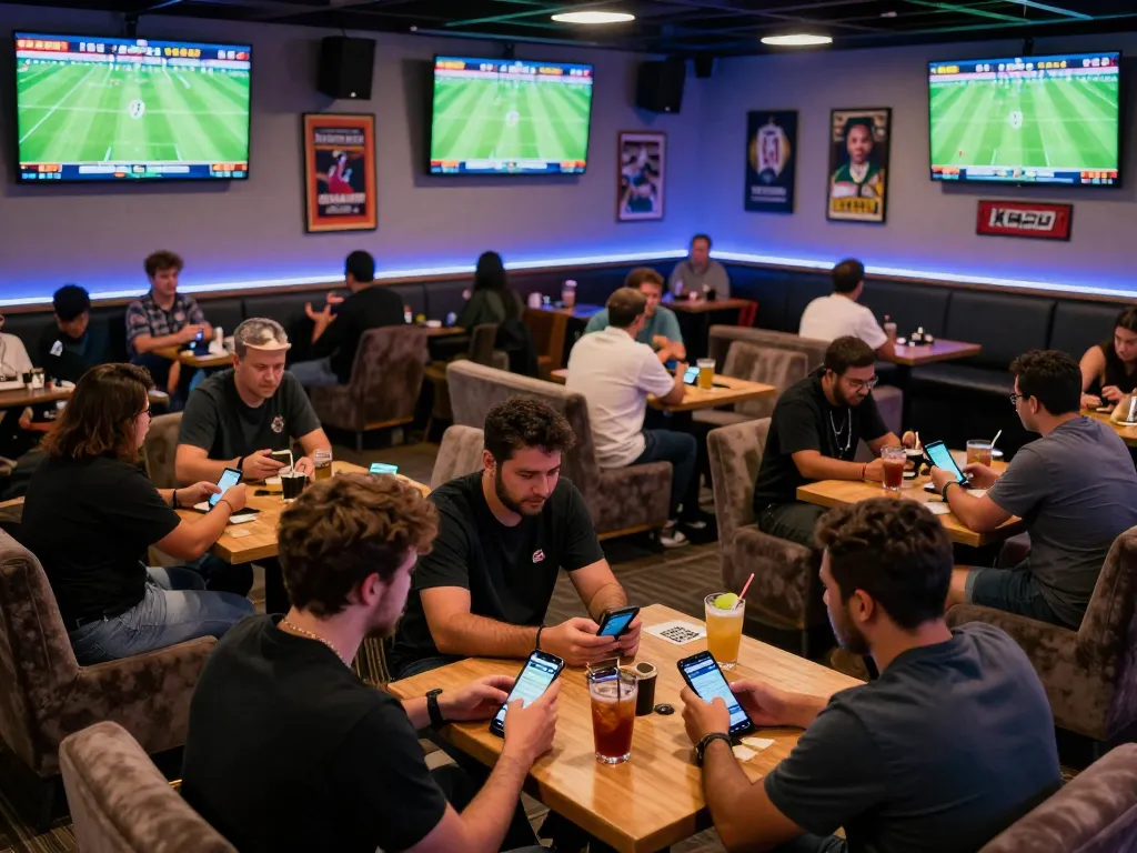 KQBD sports betting atmosphere with gamblers engaged in live football wagering