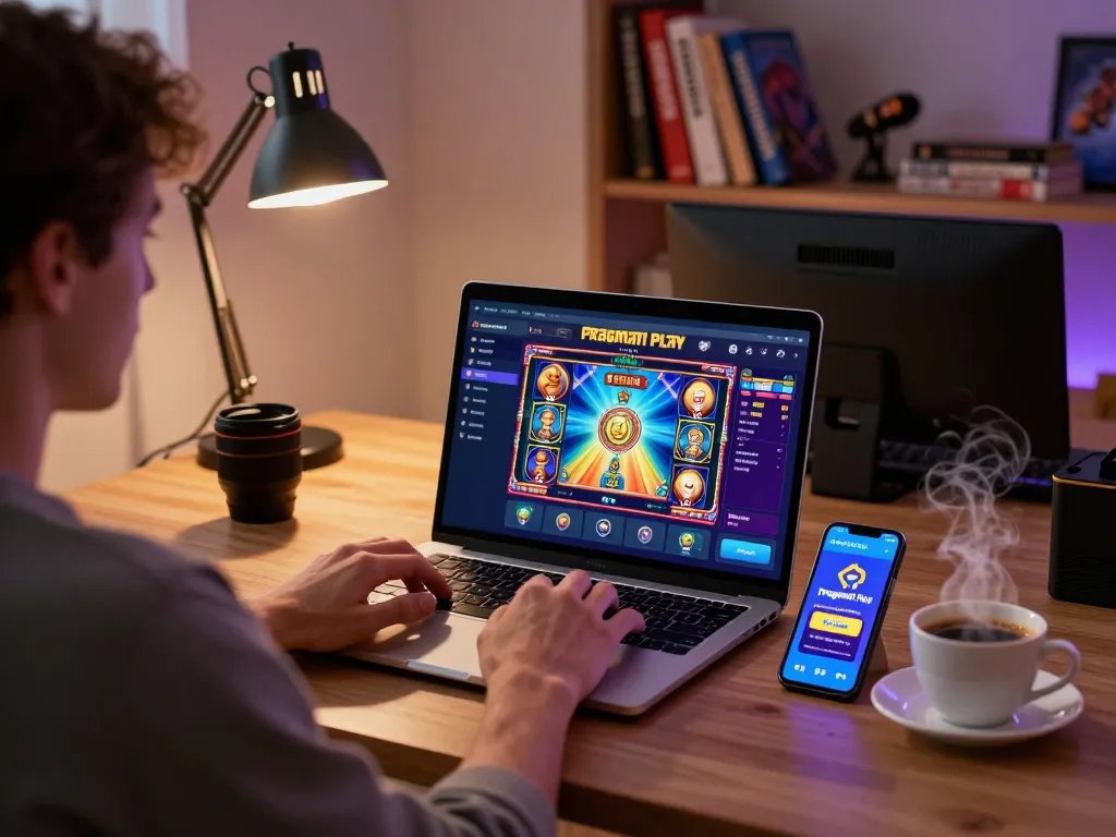Engaging online gaming setup featuring Pragmati Play slots on display and strategic gaming materials.