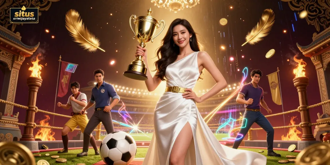 Situs sriwijayatoto showcases victorious sports betting themes, featuring an Asian woman with trophy amidst dynamic elements.