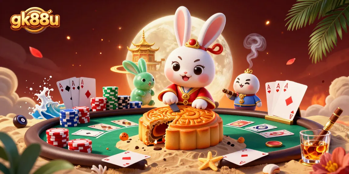 Engage with GK88U's vibrant casino scene featuring the moon rabbit and poker excitement.