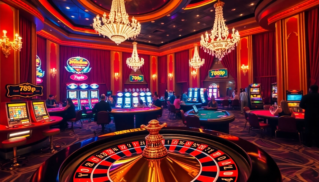 Players enjoying their experience at 789p casino, surrounded by roulette wheels and slot machines.