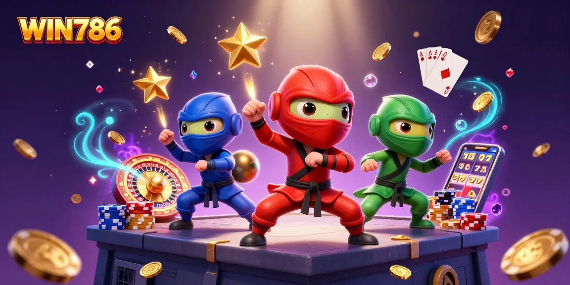 WIN786 features a dynamic scene of chameleon ninjas celebrating slots and jackpots in a casino adventure.