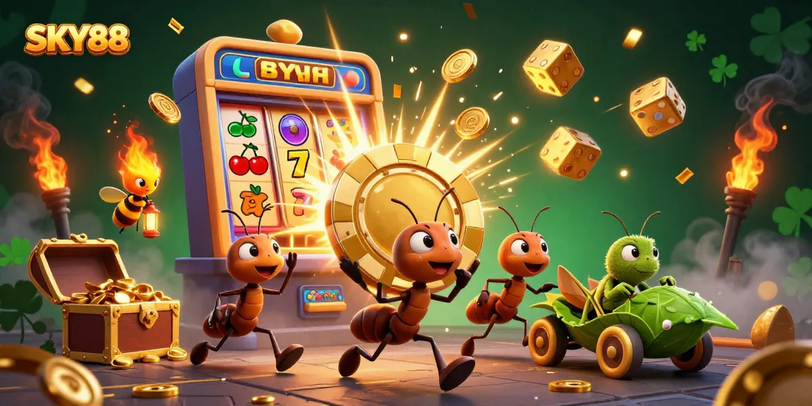 Experience the thrilling heist of a team of ants at SKY88 carrying a giant poker chip through a vibrant casino.