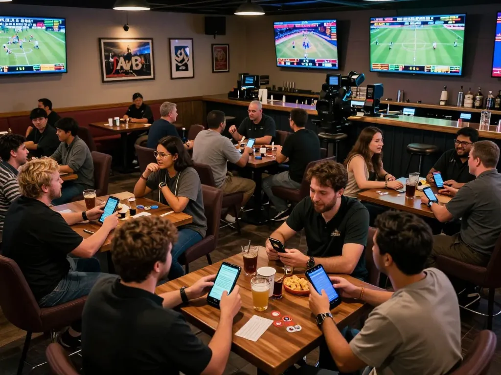Engaged gamblers enjoying sports betting at O8, actively placing bets and watching live events.