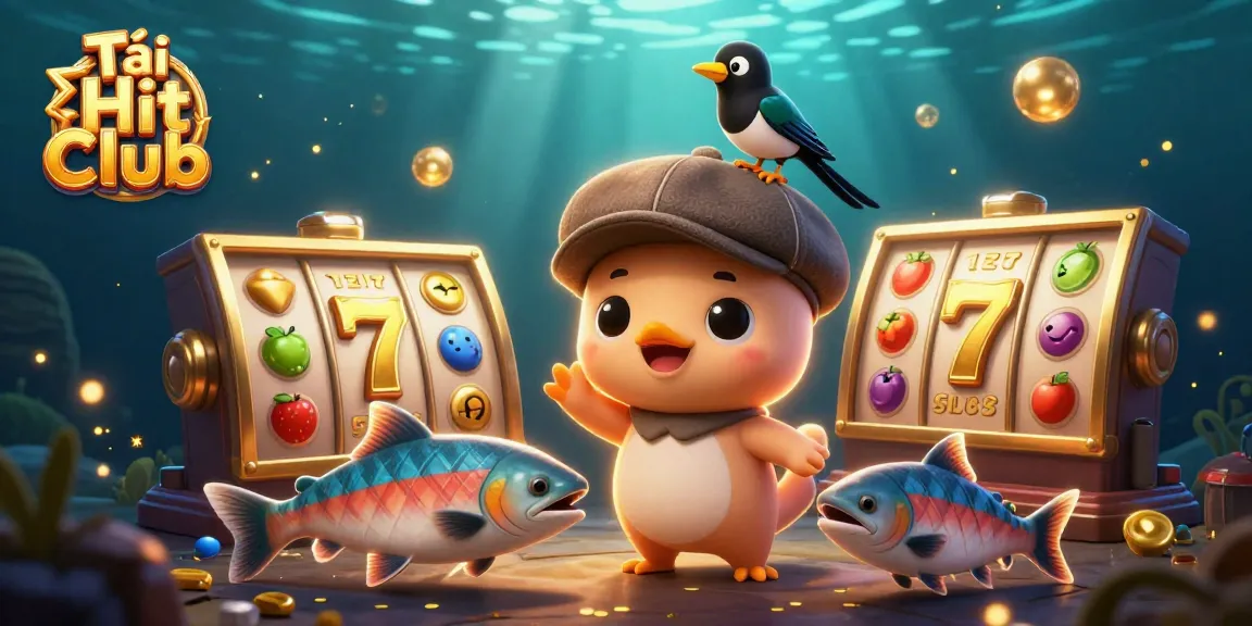 Play thrilling slots and win with Tải Hit Club, showcasing vibrant 3D illustrations of casino-themed elements.