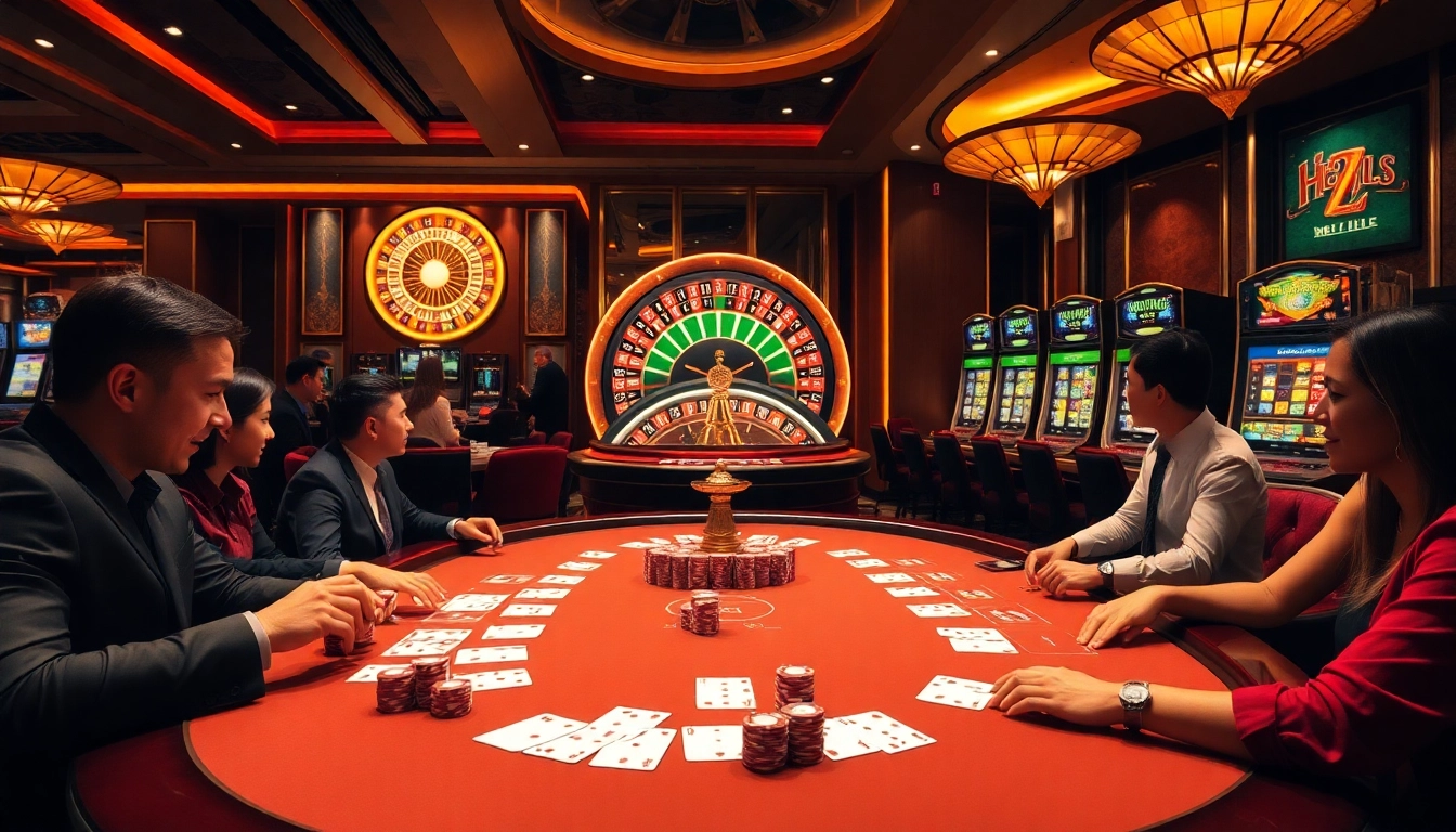 Players engaging at a luxurious casino table, experiencing excitement with hz88.