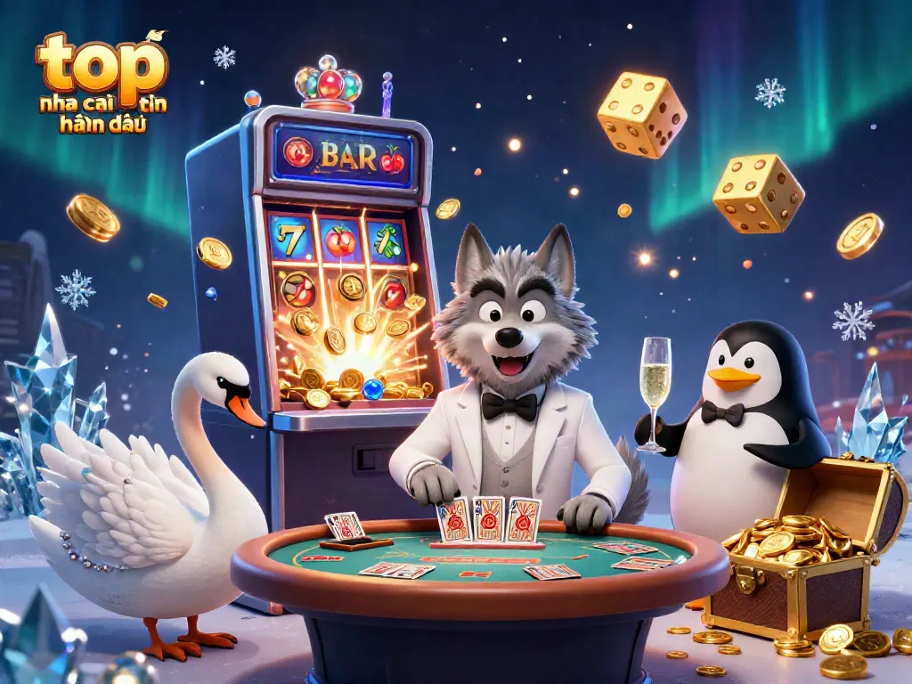 Engage with top nha cai uy tin hàng đầu through an enchanting casino scene featuring unique cartoon characters and vibrant game elements.