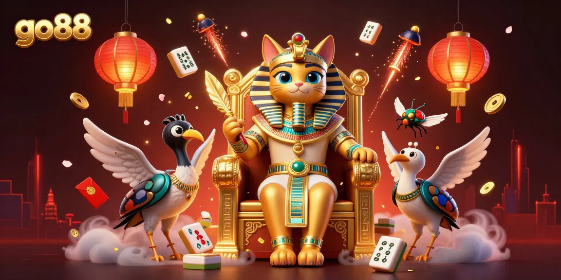 Experience the thrill of go88 with a captivating scene of an Egyptian pharaoh cat and a scribe among vibrant gaming elements.