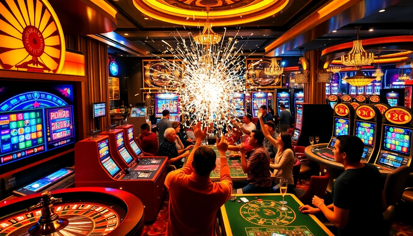 explosion of a prize-winning lottery celebration at a vibrant casino with roulette and joyous gamblers