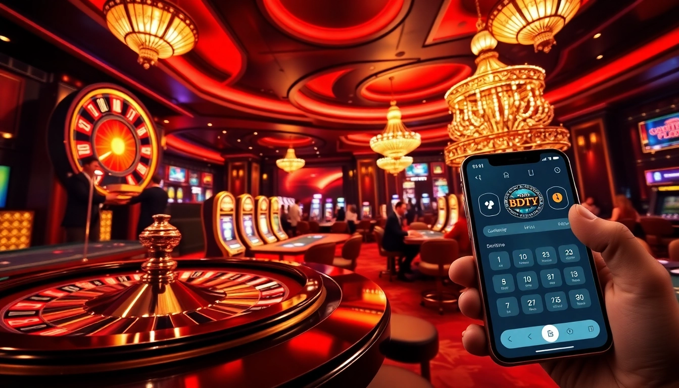 Engaging scene of luxury casino gaming, featuring the BDTK1 app interface among roulette wheels and slot machines.