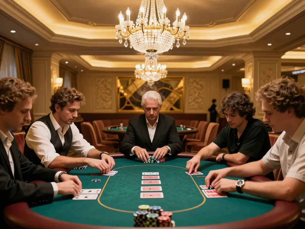 Players strategizing in a luxurious HM88 poker room under warm lighting.