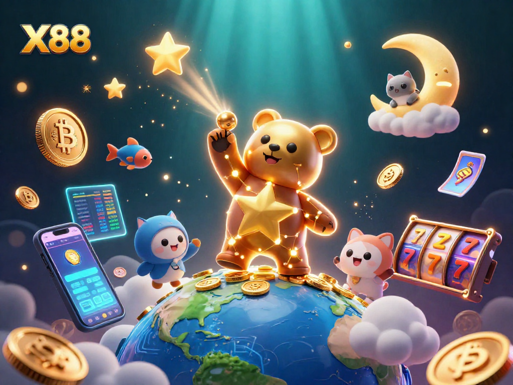 X88 captures excitement with a starry bear and slot elements in vibrant gaming scene