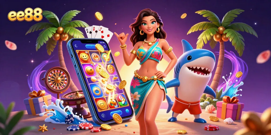 Engage with ee88's vibrant casino experience, featuring a glamorous beach scene with a surfer shark.
