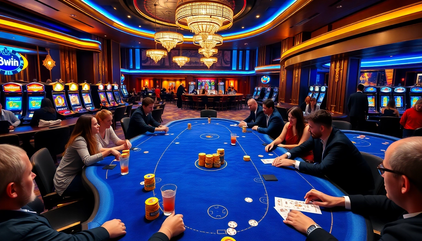 A lively 98win casino scene highlighting poker tables, players, and slot machines amidst an elegant atmosphere.
