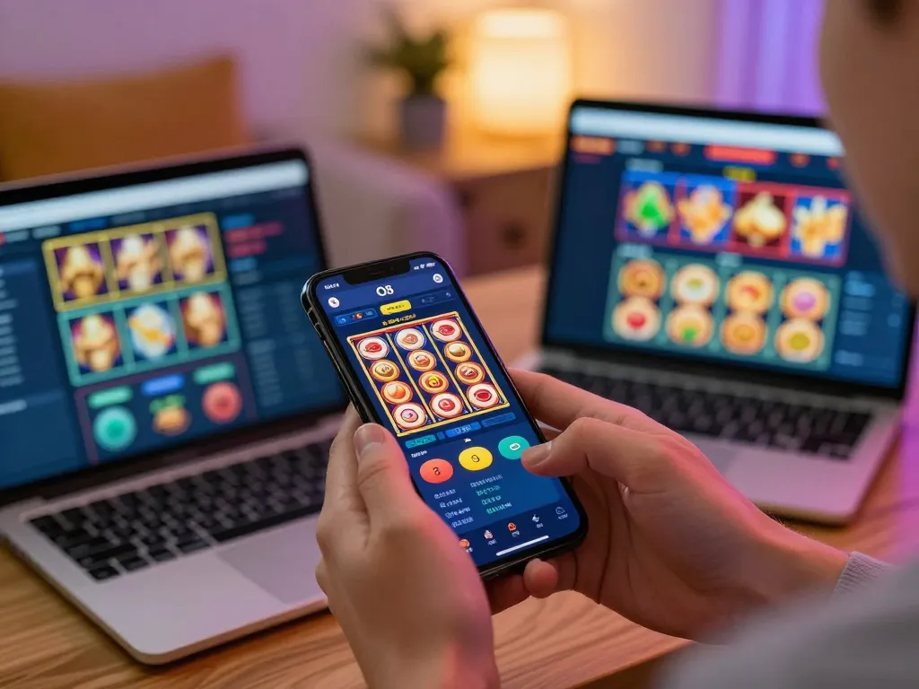 Player enjoying O8 online casino app, showcasing spinning slots on smartphone in a cozy home environment.